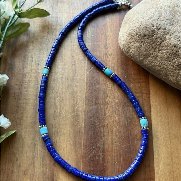 Sterling Silver Heishi Lapis Turquoise Bead Necklace. 18 inch. Gift - Picture 8 of 12